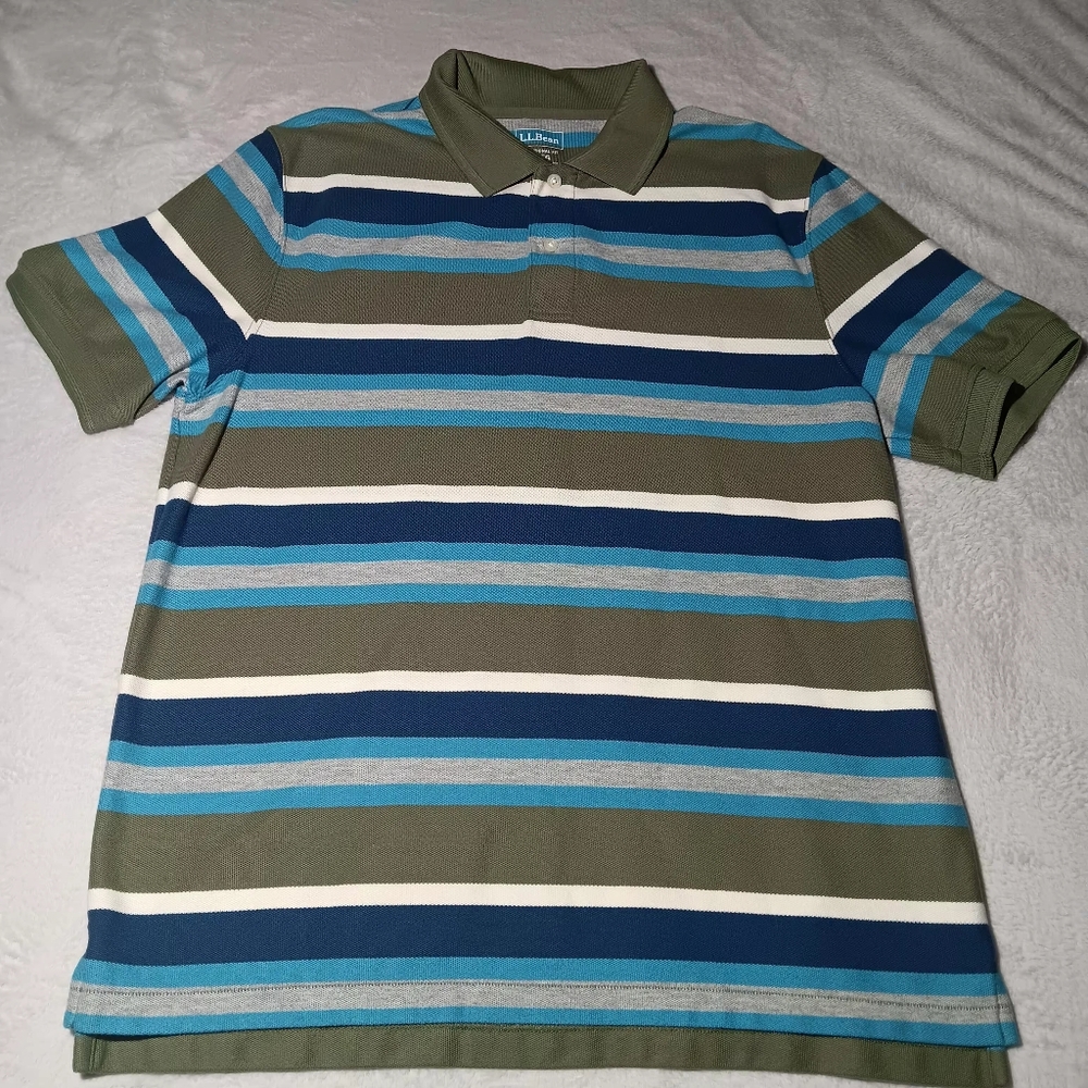 L.L. Bean Traditional Fit Green & Blue Striped Short Sleeve Polo L